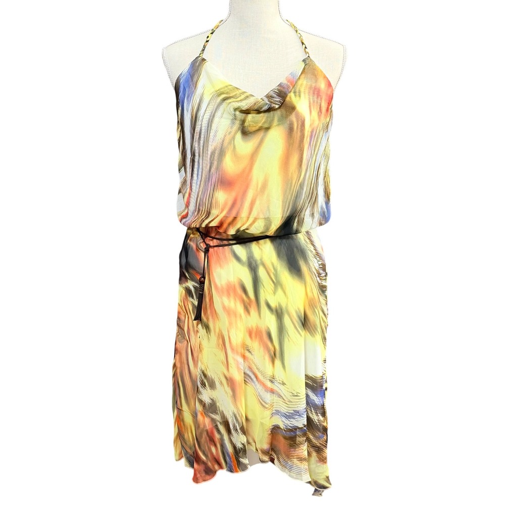 Halter Dress Large Yellow Abstract High Low Boho Tropical Vacation Festival